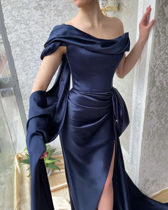 Amazing Navy Off-Shoulder Mermaid Prom Dress with a Slit Simple gentle atmospheric and unique design  ﻿