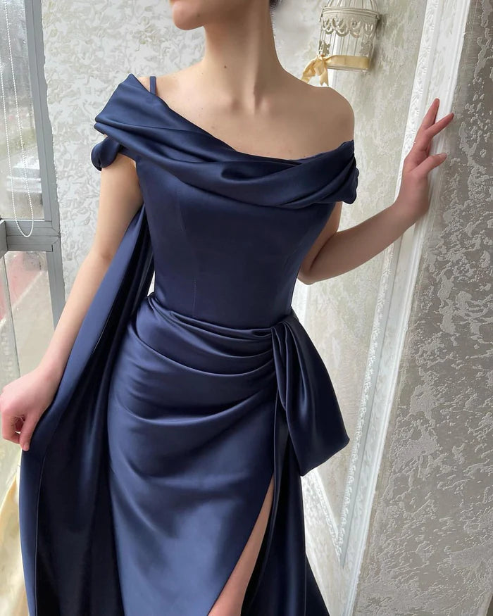Amazing Navy Off-Shoulder Mermaid Prom Dress with a Slit Simple gentle atmospheric and unique design  ﻿