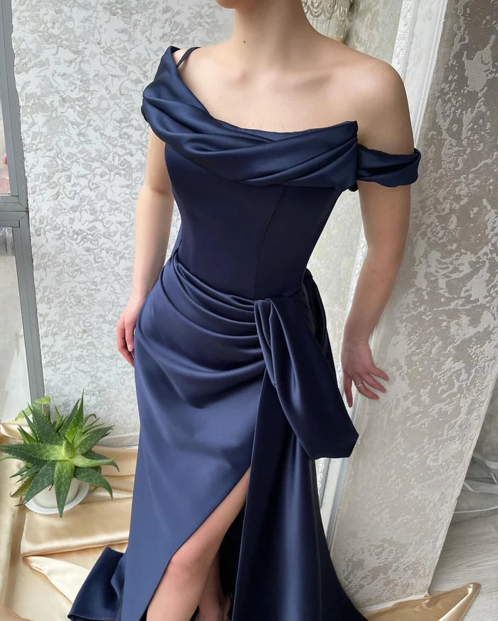 Amazing Navy Off-Shoulder Mermaid Prom Dress with a Slit Simple gentle atmospheric and unique design  ﻿
