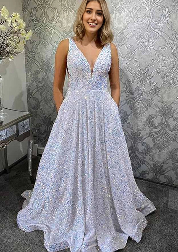 Elegant A-Line V-Neck Tulle Prom Dress/Evening Dress with Beading and Glitter Simple gentle atmospheric and unique design