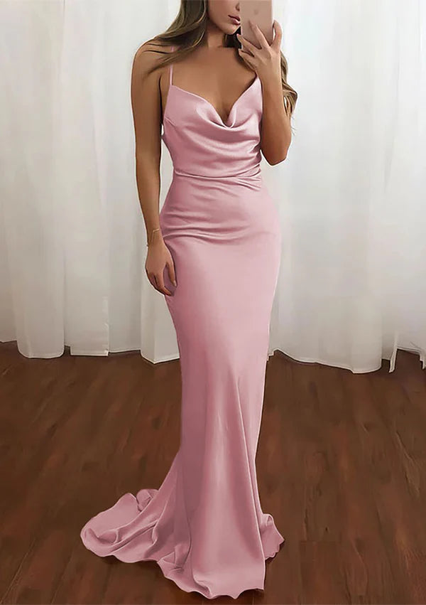 Amazing Satin Prom Dress/Evening Dress with Sheath/Column Cowl Neck and Spaghetti Straps Sweep Train Simple gentle atmospheric and unique design