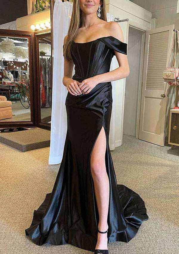 Amazing Satin Trumpet/Mermaid Split Prom Dress/Evening Dress with Off-the-Shoulder Straps and Pleated Court TrainSimple gentle atmospheric and unique design