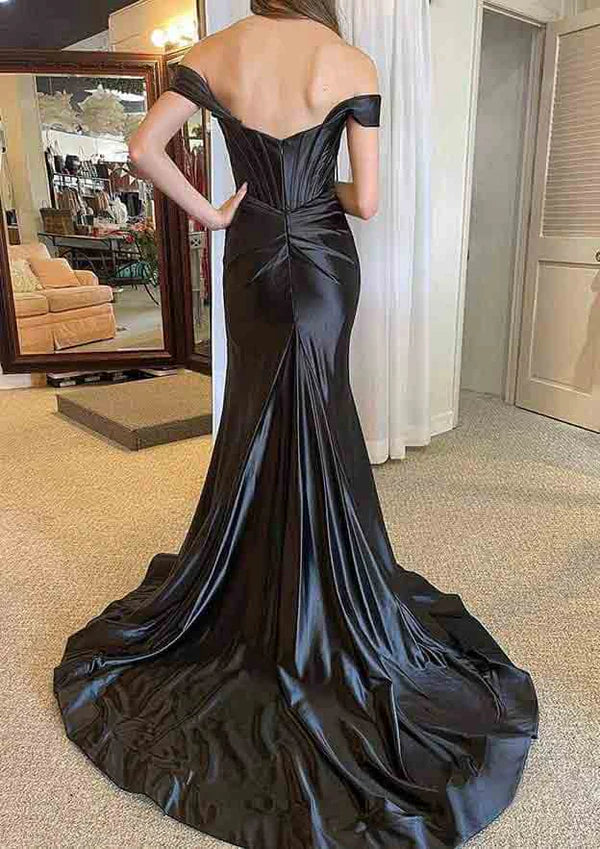 Amazing Satin Trumpet/Mermaid Split Prom Dress/Evening Dress with Off-the-Shoulder Straps and Pleated Court TrainSimple gentle atmospheric and unique design