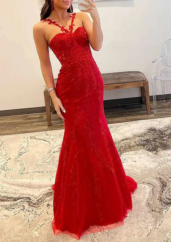 Amazing Trumpet/Mermaid Prom Dress/Evening Dress with Beaded Appliques and Scalloped Neckline Simple gentle atmospheric and unique design