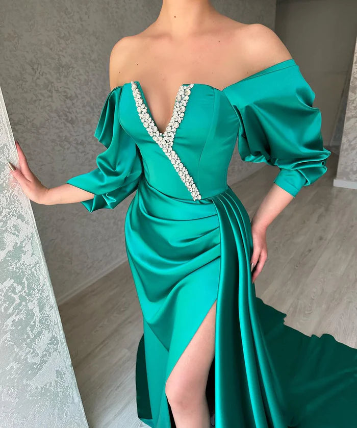 Amazing Long Green A-line Off-the-shoulder Prom Dress with Striking Slit Simple gentle atmospheric and unique design  ﻿