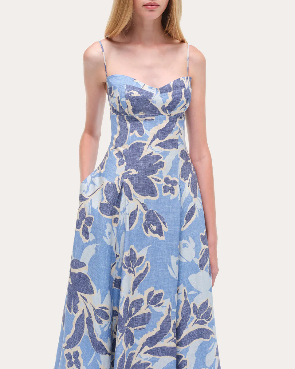 Analise Floral Linen Bustier Midi Dress simple gentle atmospheric and unique desi Bring summer colors to enhance whiteness