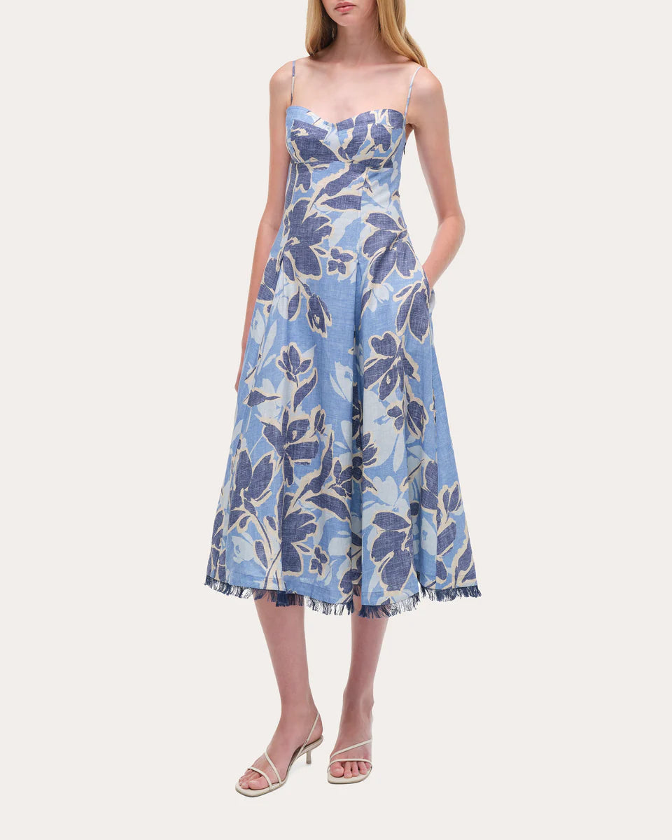 Analise Floral Linen Bustier Midi Dress simple gentle atmospheric and unique desi Bring summer colors to enhance whiteness