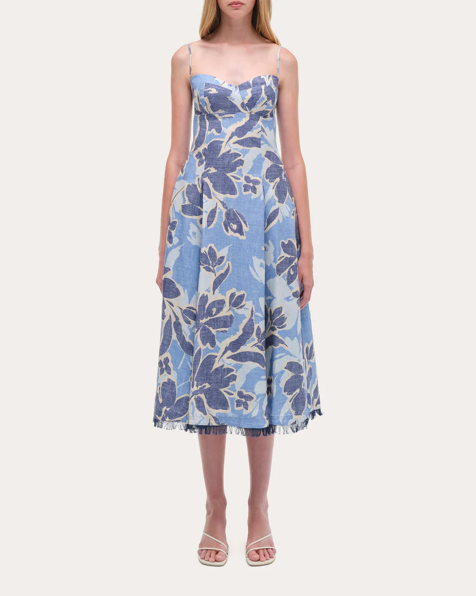 Analise Floral Linen Bustier Midi Dress simple gentle atmospheric and unique desi Bring summer colors to enhance whiteness