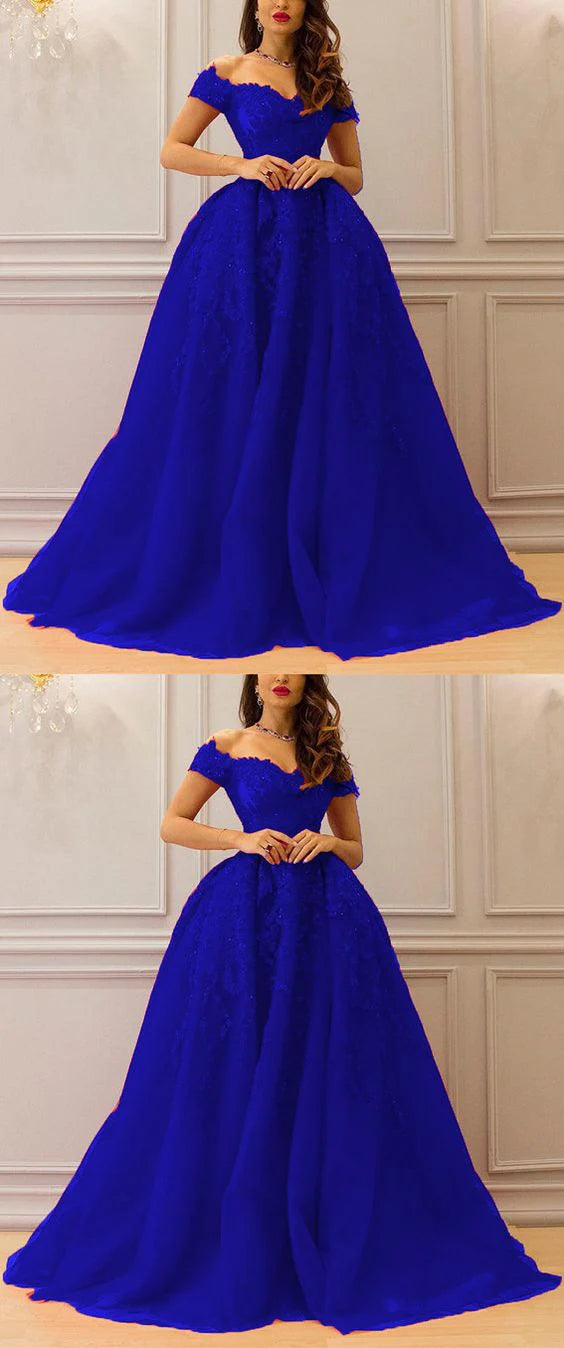A navy blue dress with a one shoulder short sleeved design and lace decoration, featuring a high waist and large skirt that is suitable for occasions such as dinners and dances