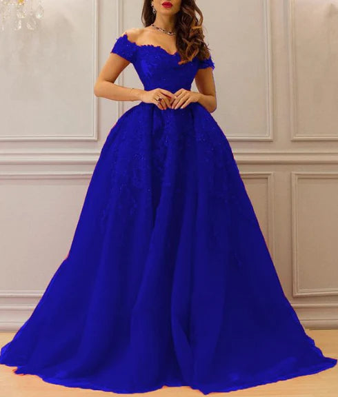 A navy blue dress with a one shoulder short sleeved design and lace decoration, featuring a high waist and large skirt that is suitable for occasions such as dinners and dances