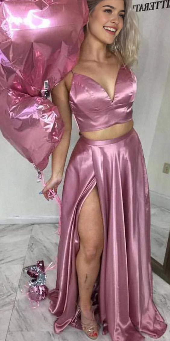 A pink purple satin two-piece dress with a camisole top and a deep V-short design suitable for parties, dinners, etc