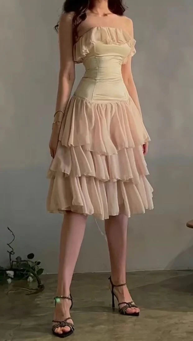 Apricot A Line Strapless Layered Chiffon Satin Homecoming Dress Cocktail Dress  simple gentle atmospheric and unique desi Bring summer colors to enhance whiteness