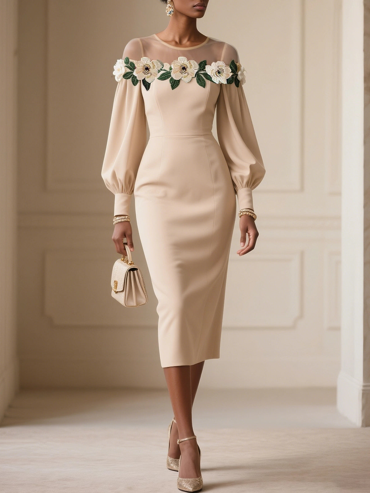 Apricot Applique Floral Classic Crew Neck Long Sleeve Balloon Sleeve Sheath Dress simple gentle atmospheric and unique desi Bring summer colors to enhance whiteness