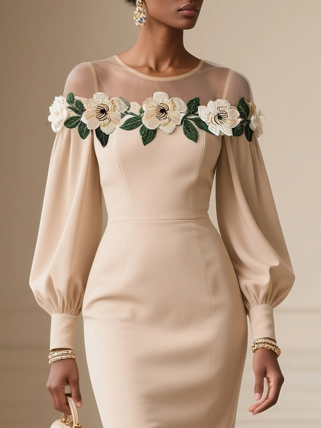 Apricot Applique Floral Classic Crew Neck Long Sleeve Balloon Sleeve Sheath Dress simple gentle atmospheric and unique desi Bring summer colors to enhance whiteness