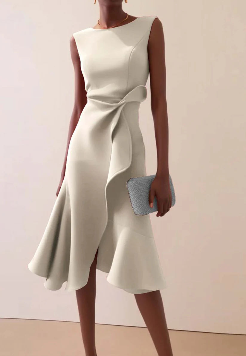 Apricot White Sleeveless Midi Elegant A-line Dress with Waist Twist for Day-to-Night simple gentle atmospheric and unique desi Bring summer colors to enhance whiteness