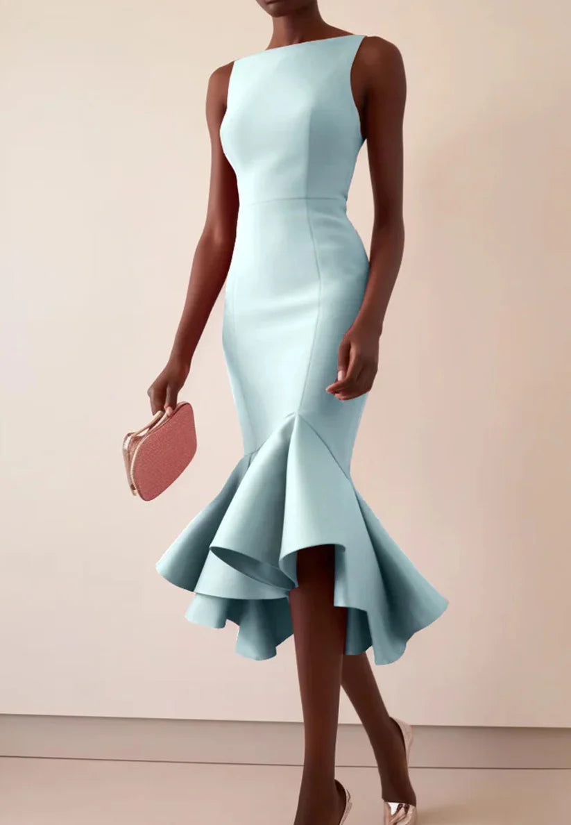 Aqua Blue Sleeveless Mermaid Midi Dress simple gentle atmospheric and unique desi Bring summer colors to enhance whiteness