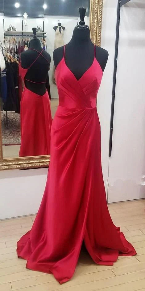 A red satin dress with a deep V-neck and pleated waist design, featuring a fishtail skirt with a trailing edge, suitable for occasions such as dinners and dances,