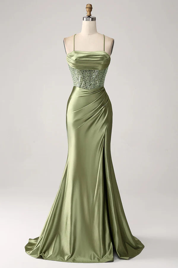 Army Green Mermaid Cowl Neckline Sequin Long Prom Dress With Slit simple gentle atmospheric and unique desi