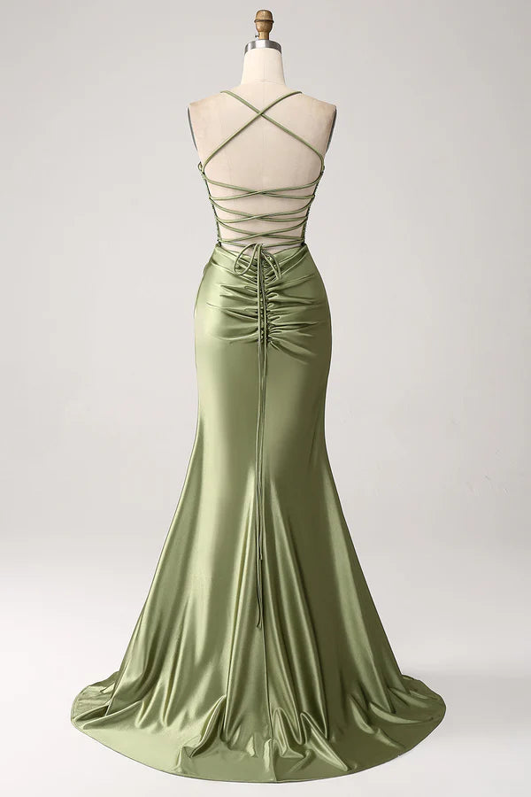 Army Green Mermaid Cowl Neckline Sequin Long Prom Dress With Slit simple gentle atmospheric and unique desi