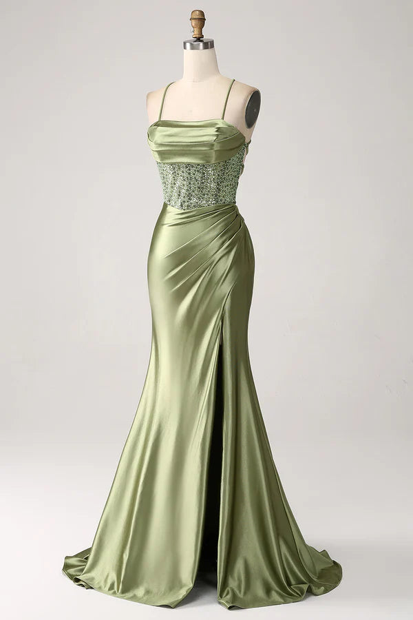 Army Green Mermaid Cowl Neckline Sequin Long Prom Dress With Slit simple gentle atmospheric and unique desi