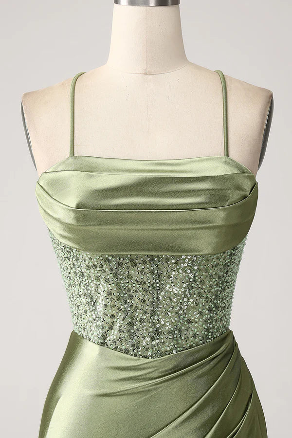 Army Green Mermaid Cowl Neckline Sequin Long Prom Dress With Slit simple gentle atmospheric and unique desi