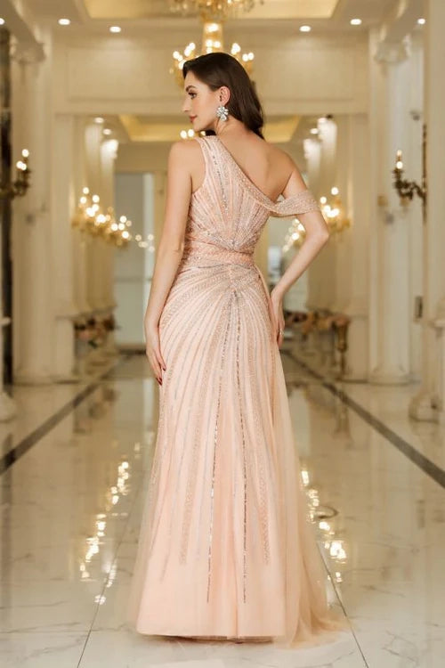 Asymmetric Tulle Beaded Prom Gown with Side Slit and Sleeveless Design for Special Occasions Simple gentle atmospheric and unique design