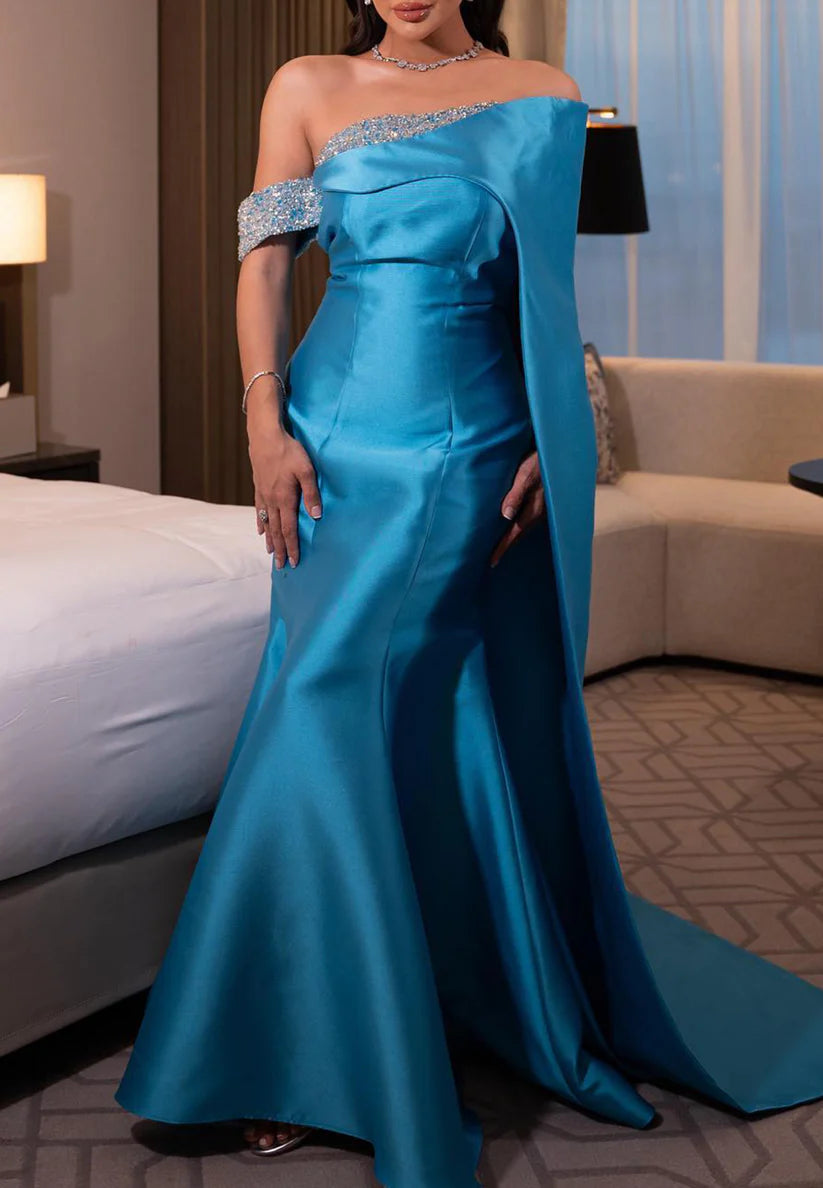 Asymmetrical Long Sleeves Sleek Beaded Mermaid Evening Dress simple gentle atmospheric and unique desi Bring summer colors to enhance whiteness