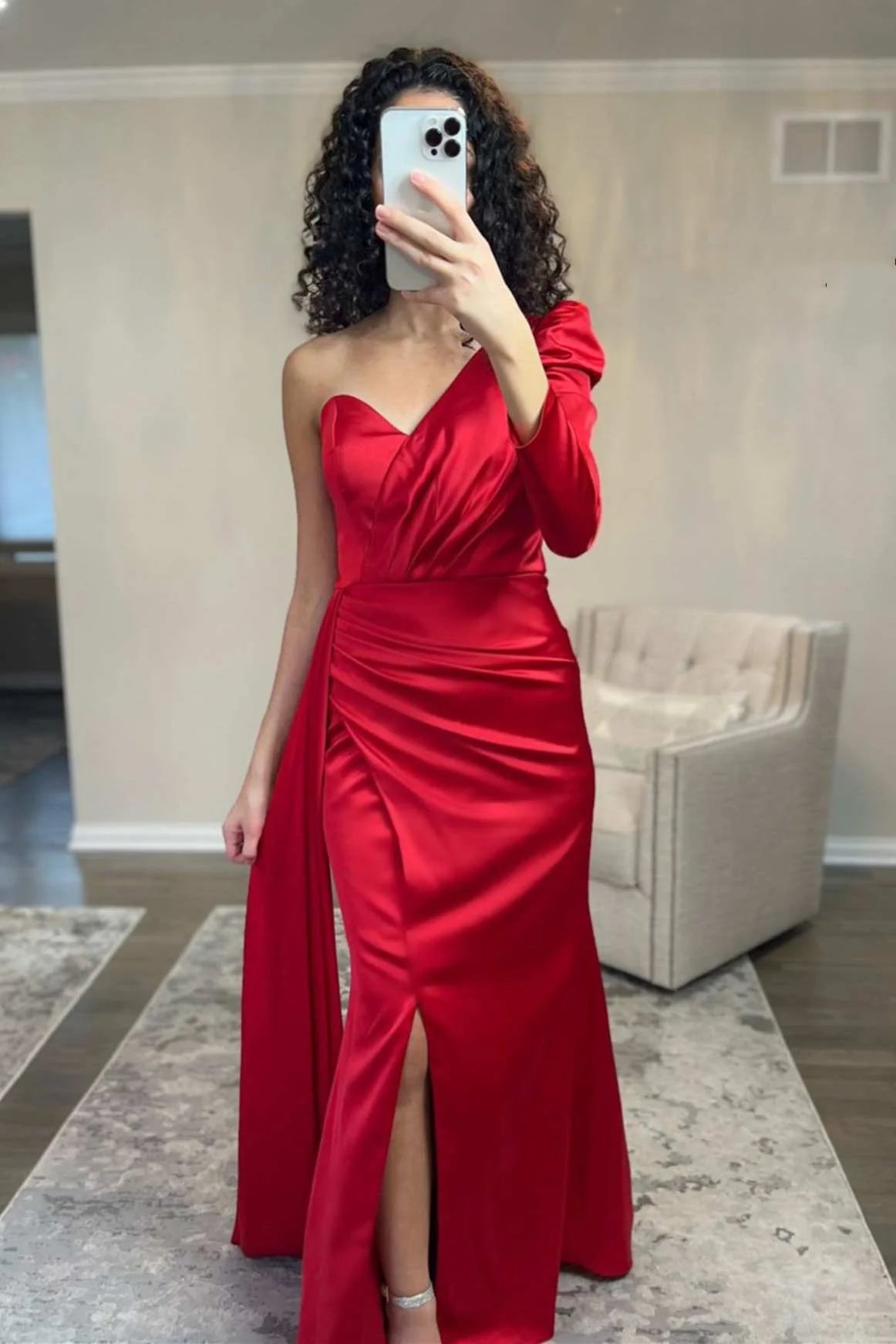 Asymmetrical Red One-Sleeve Mermaid Long Prom Dress with Slit simple gentle atmospheric and unique desi Bring summer colors to enhance whiteness