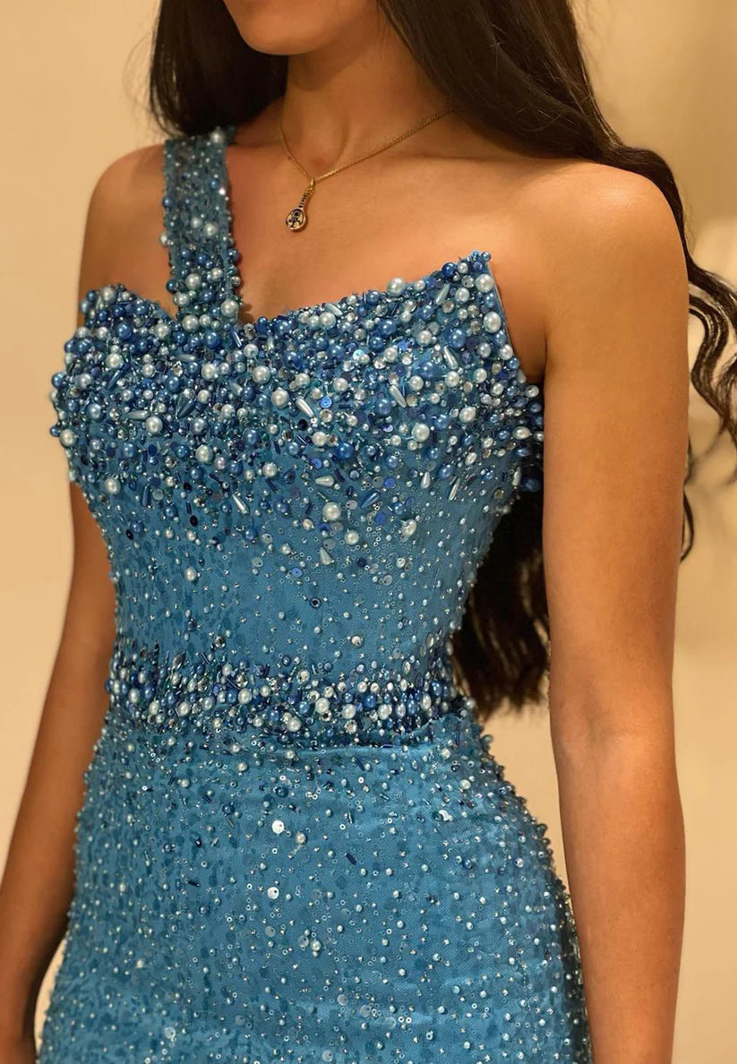 Asymmetrical Sleeveless Beaded Sequins Mermaid Prom Dress simple gentle atmospheric and unique desi Bring summer colors to enhance whiteness
