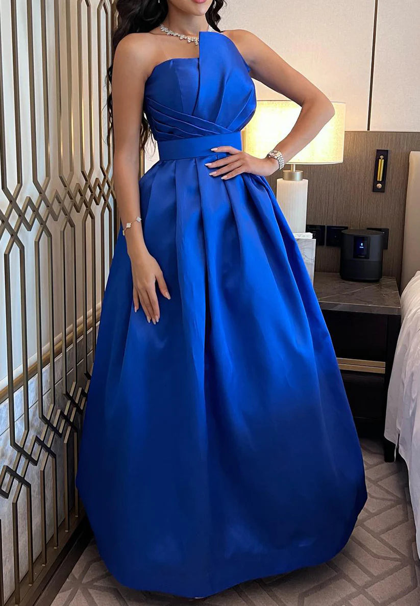 Asymmetrical Sleeveless Pleated Satin A-Line Evening Dress simple gentle atmospheric and unique desi Bring summer colors to enhance whiteness