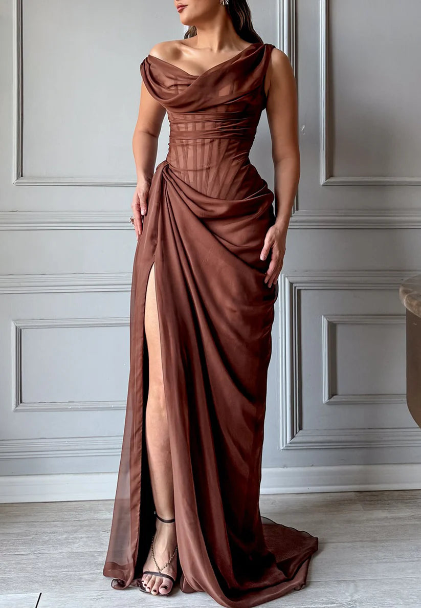 Asymmetrical Sleeveless Pleated Side Slit Sheath Evening Dress simple gentle atmospheric and unique desi Bring summer colors to enhance whiteness