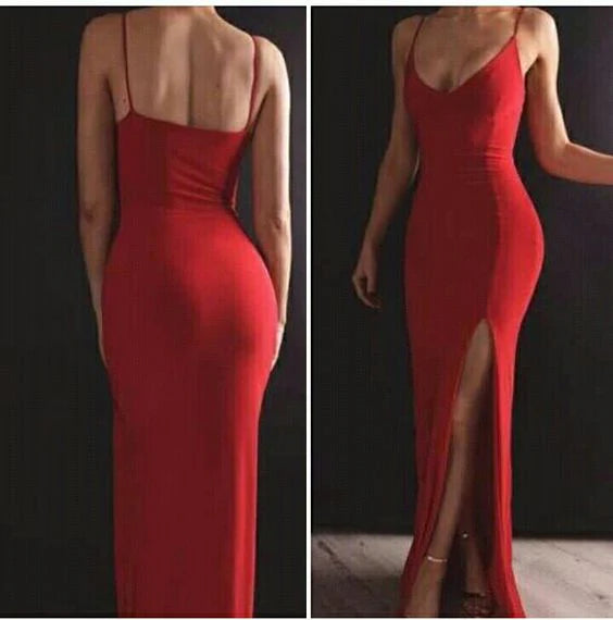 A tight red long dress with thin camisoles, deep V-neck, and a right side slit design that outlines the curves of the body, suitable for dinners, parties, and other occasions