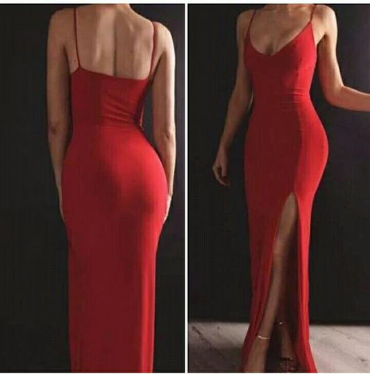 A tight red long dress with thin camisoles, deep V-neck, and a right side slit design that outlines the curves of the body, suitable for dinners, parties, and other occasions