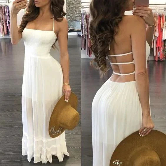 A white camisole long dress with a simple front and multiple intersecting hollow strips on the back, suitable for leisure occasions such as vacations and beaches,