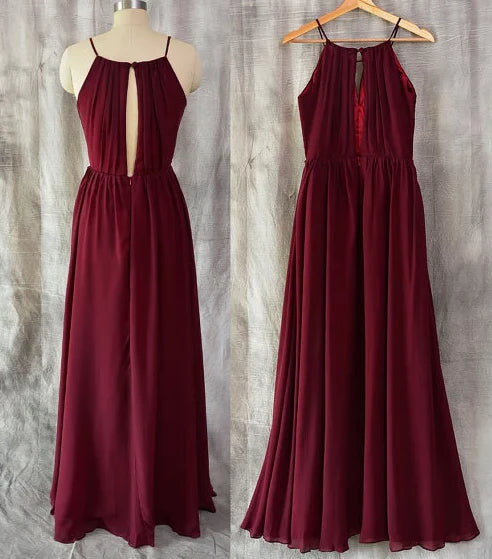 A wine red long dress with a neck hanging collar and chest pleats, suitable for dinners, weddings, and other occasions,