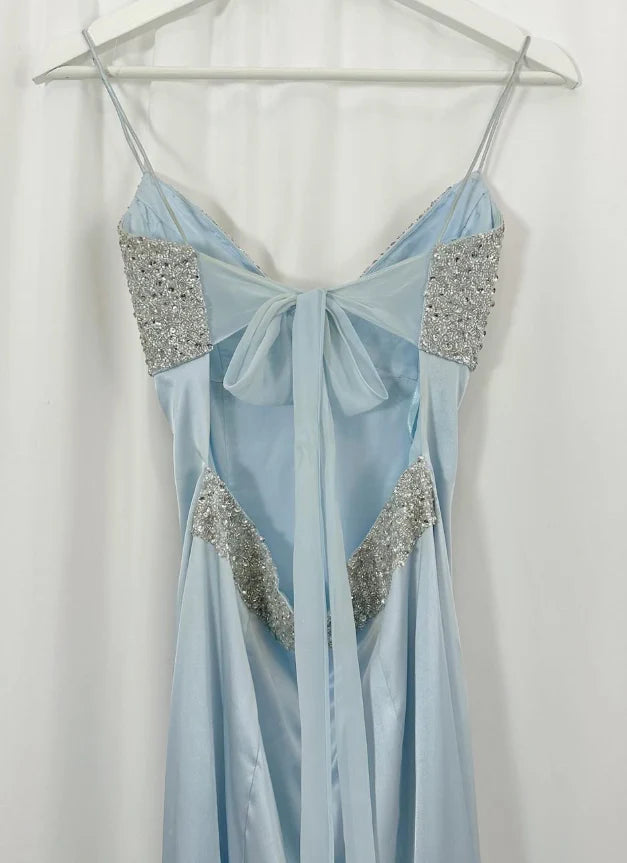 Baby Blue A Line Spaghetti Strap Sequin Satin Long Prom Dress Gown Dress simple gentle atmospheric and unique desi Bring summer colors to enhance whiteness