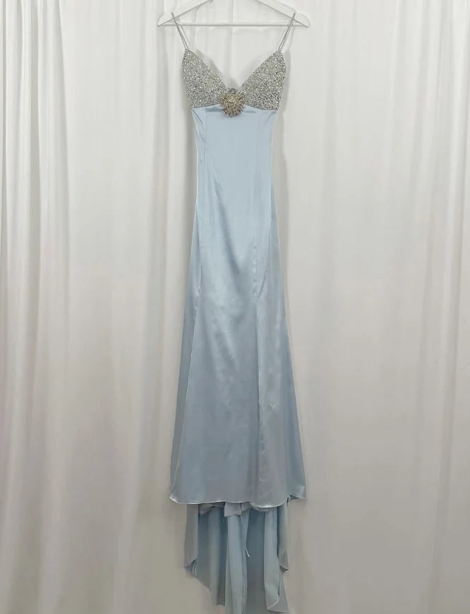 Baby Blue A Line Spaghetti Strap Sequin Satin Long Prom Dress Gown Dress simple gentle atmospheric and unique desi Bring summer colors to enhance whiteness