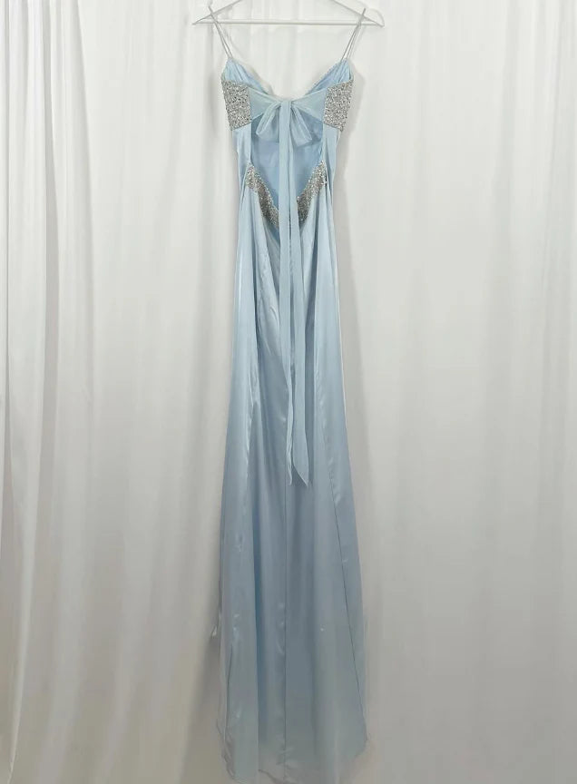 Baby Blue A Line Spaghetti Strap Sequin Satin Long Prom Dress Gown Dress simple gentle atmospheric and unique desi Bring summer colors to enhance whiteness