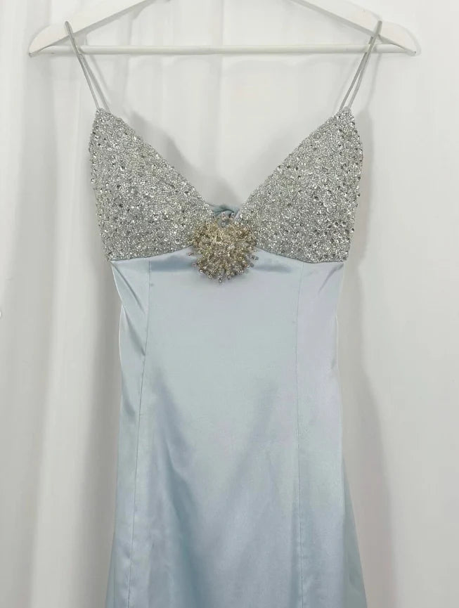 Baby Blue A Line Spaghetti Strap Sequin Satin Long Prom Dress Gown Dress simple gentle atmospheric and unique desi Bring summer colors to enhance whiteness