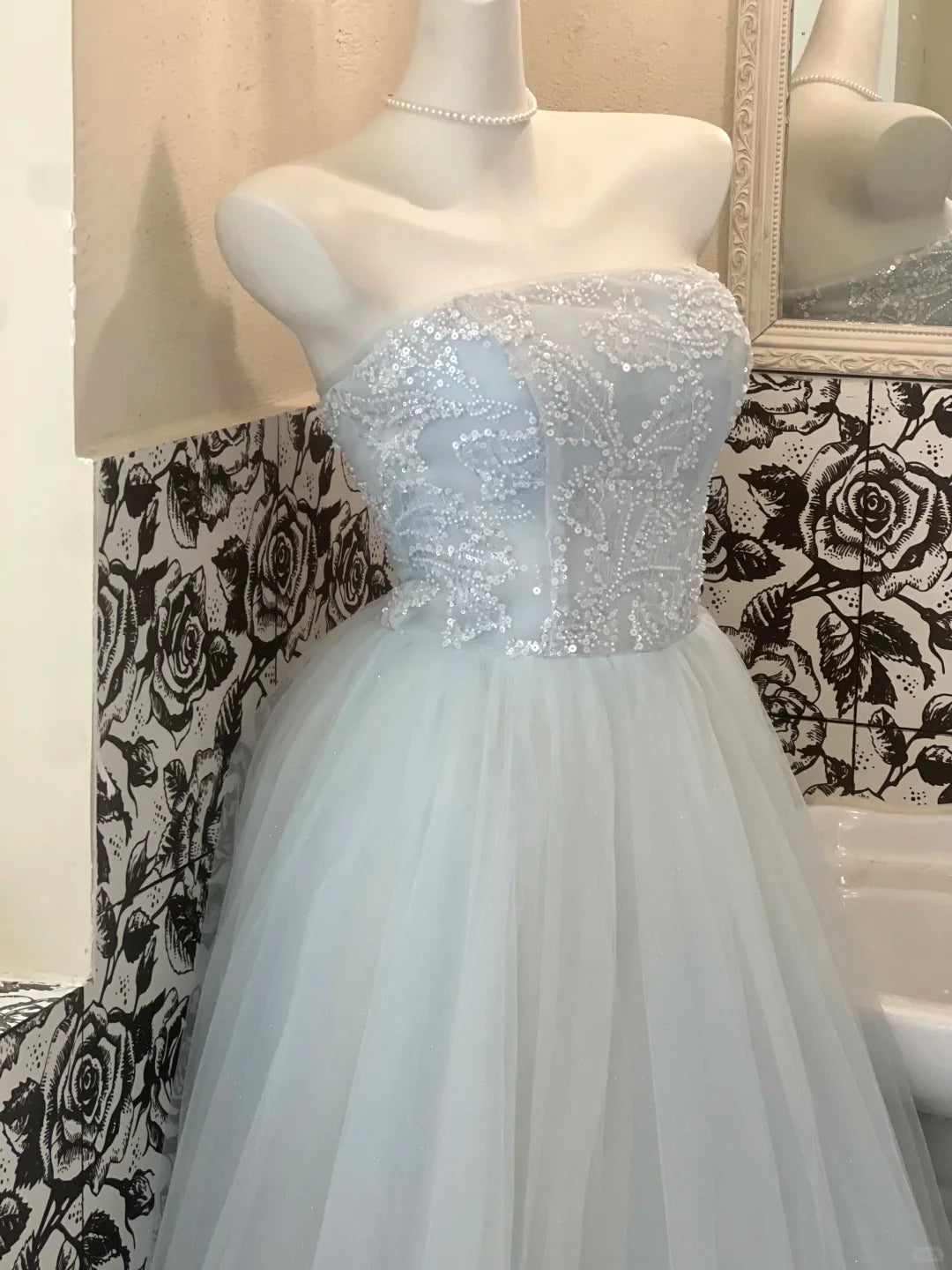 Baby Blue A Line Strapless Beaded Tulle 18th Birthday Dress Prom Dress simple gentle atmospheric and unique desi Bring summer colors to enhance whiteness