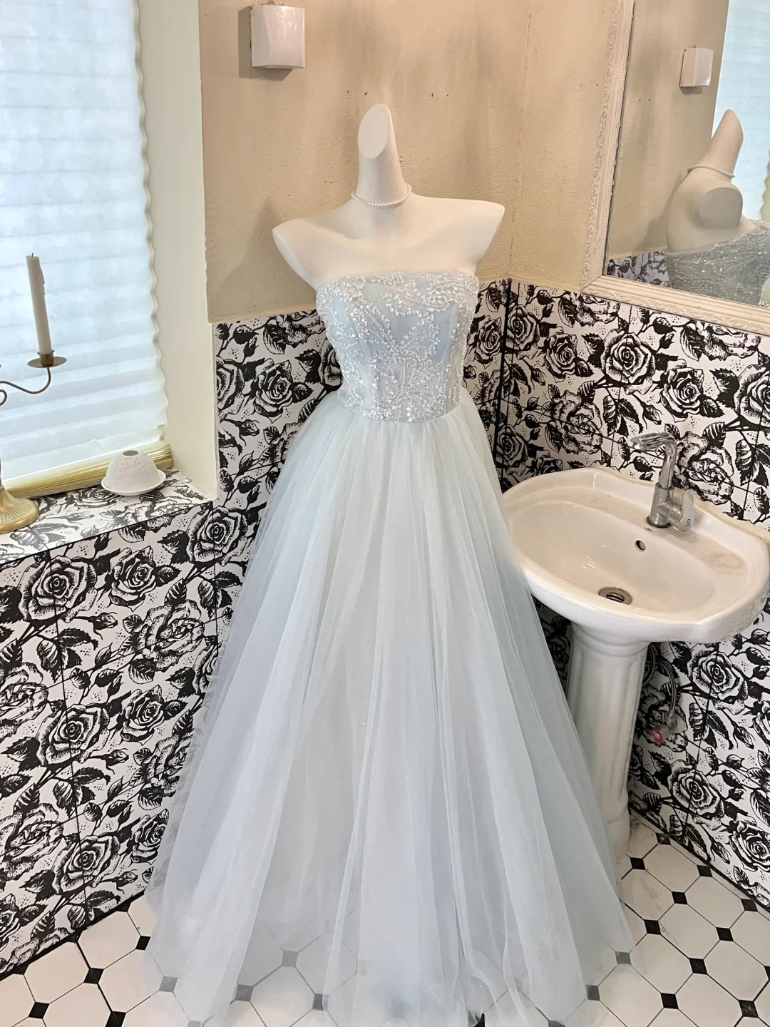 Baby Blue A Line Strapless Beaded Tulle 18th Birthday Dress Prom Dress simple gentle atmospheric and unique desi Bring summer colors to enhance whiteness