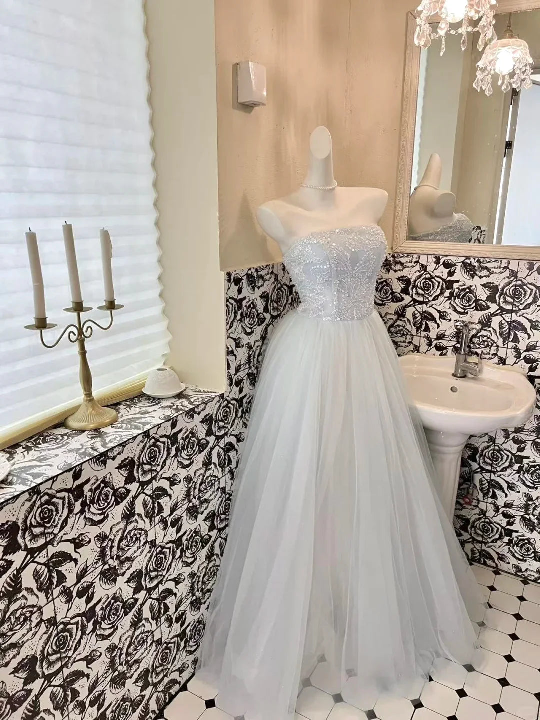 Baby Blue A Line Strapless Beaded Tulle 18th Birthday Dress Prom Dress simple gentle atmospheric and unique desi Bring summer colors to enhance whiteness