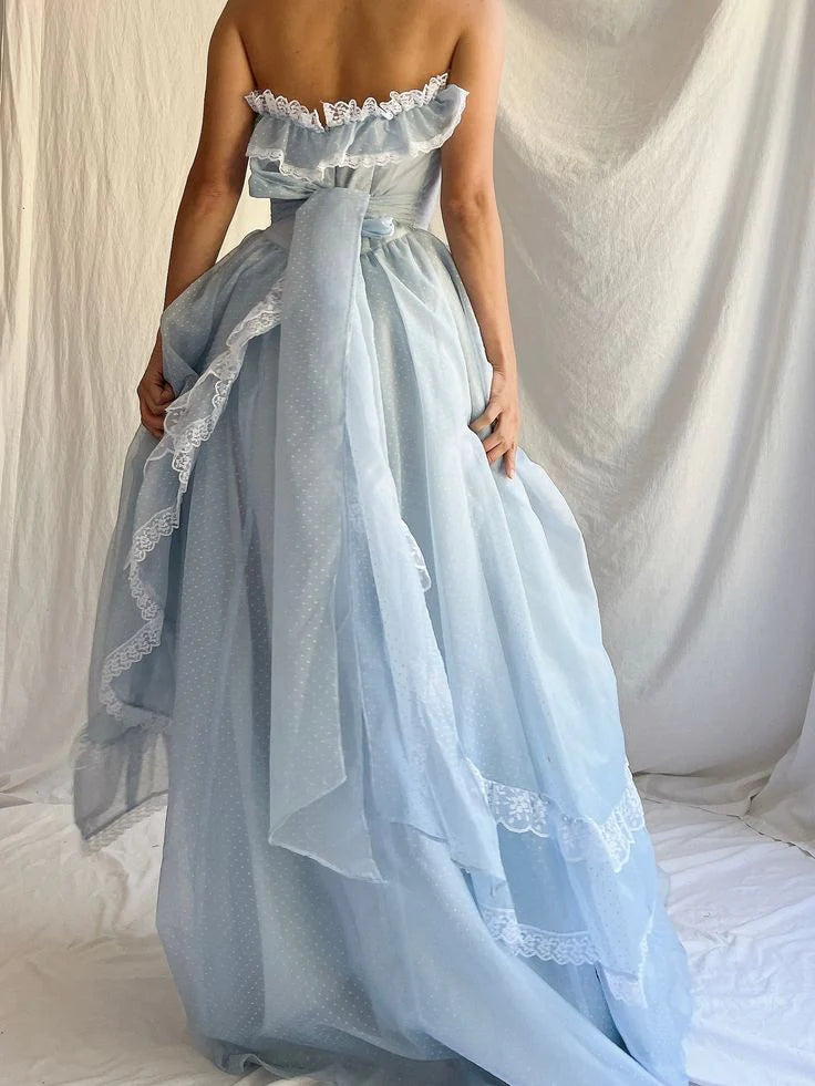 Baby Blue A Line Sweetheart Neck White Lace Chiffon Long Prom Dress Party Dress simple gentle atmospheric and unique desi Bring summer colors to enhance whiteness