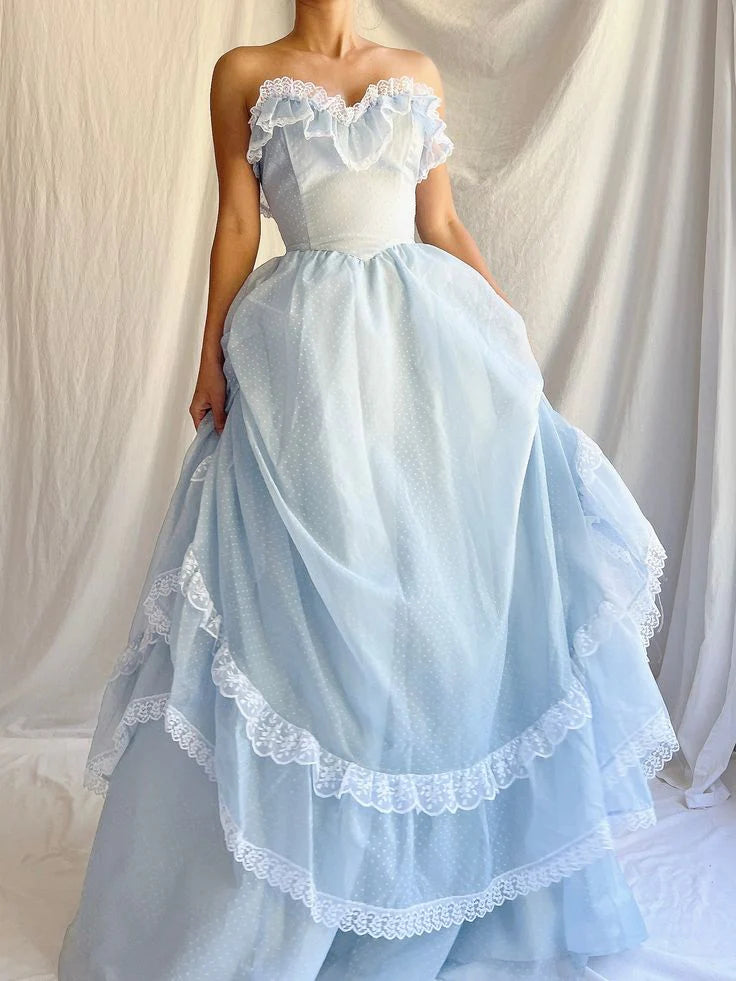 Baby Blue A Line Sweetheart Neck White Lace Chiffon Long Prom Dress Party Dress simple gentle atmospheric and unique desi Bring summer colors to enhance whiteness