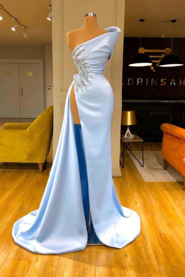 Baby Blue One Shoulder Prom Dress High Split Simple gentle atmospheric and unique design