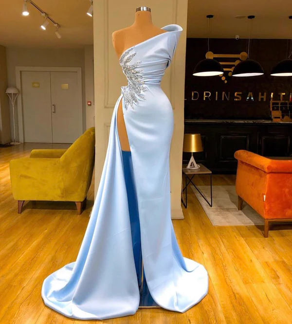 Baby Blue One Shoulder Prom Dress High Split Simple gentle atmospheric and unique design