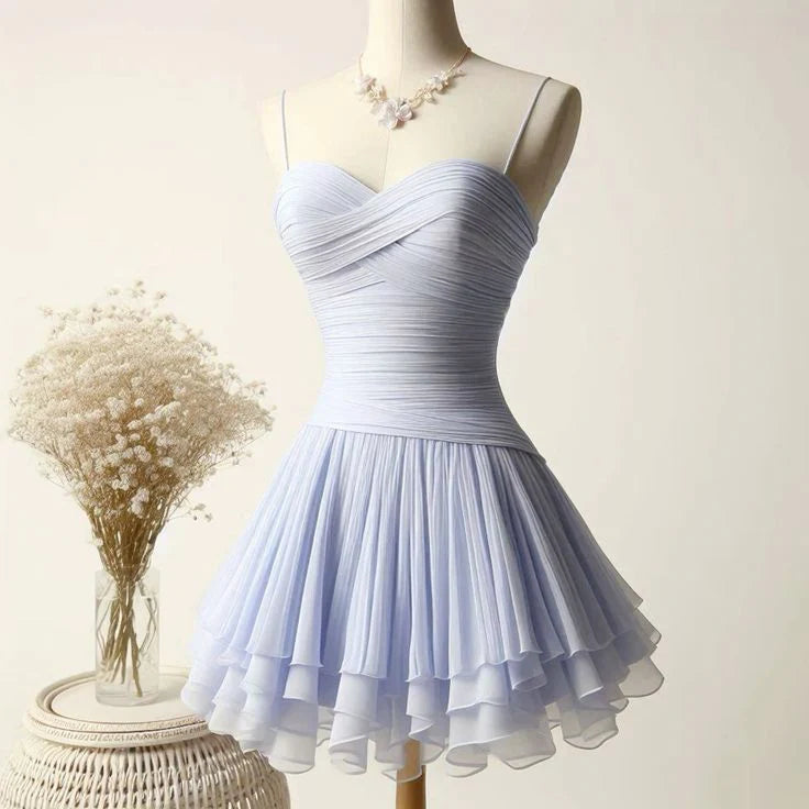 Baby Blue Simple A Line Spaghetti Strap Layered Pleated Chiffon Homecoming Dress Party Dress simple gentle atmospheric and unique desi Bring summer colors to enhance whiteness
