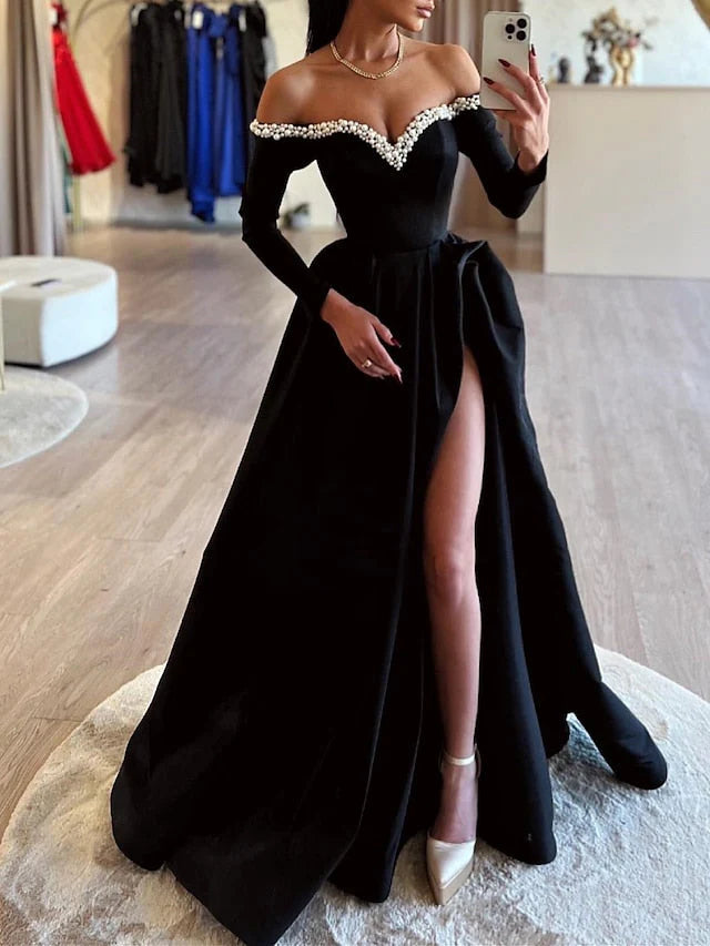Ball Gown Off-the-Shoulder Floor-length Long Prom Dresses With Split Side & Beading simple gentle atmospheric and unique desi Bring summer colors to enhance whiteness