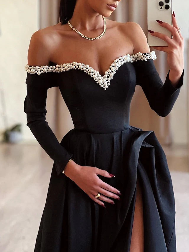 Ball Gown Off-the-Shoulder Floor-length Long Prom Dresses With Split Side & Beading simple gentle atmospheric and unique desi Bring summer colors to enhance whiteness