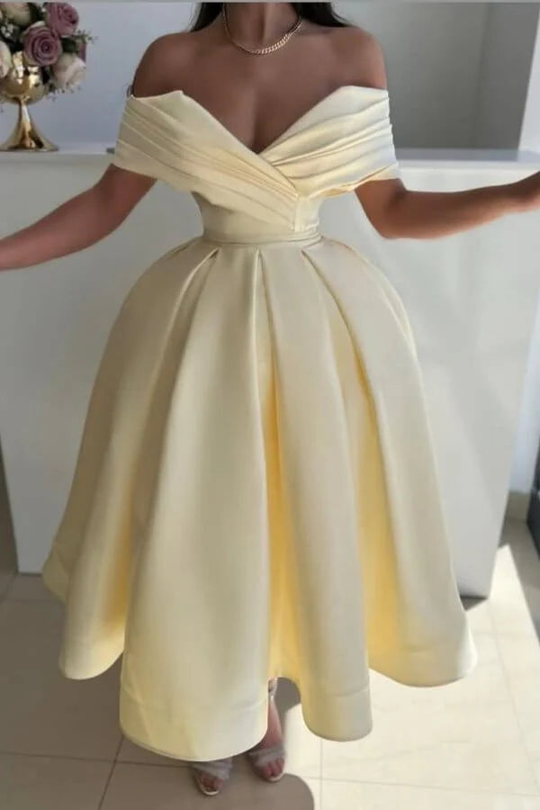 Ball Gown Yellow Prom Dresses Off Shoulder Satin Formal Gown simple gentle atmospheric and unique desi Bring summer colors to enhance whiteness